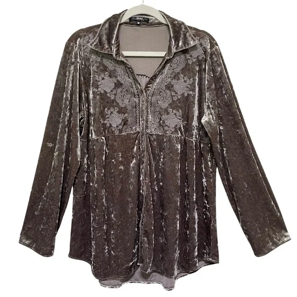 Andree By Unit Velvet Long Sleeve Brown Button Up Tunic Witchy Whimsigoth Size M - Picture 9 of 9